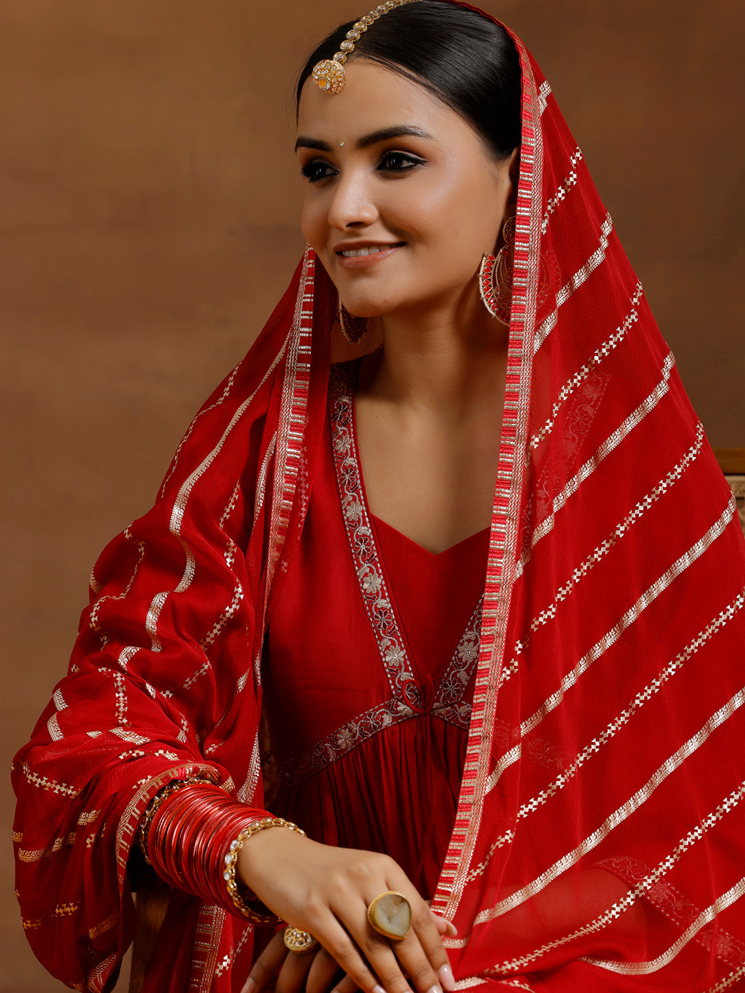 Red Solid Silk Blend A-Line Kurta With Trousers & Dupatta