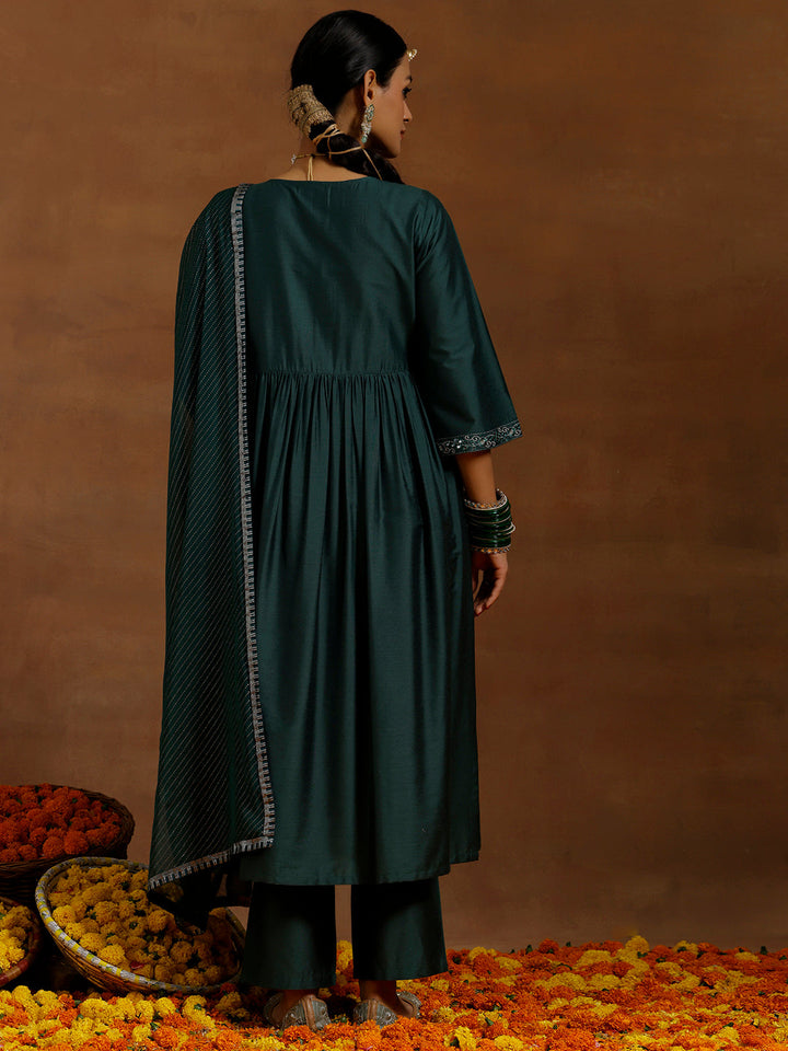 Green Solid Silk Blend A-Line Kurta With Trousers & Dupatta