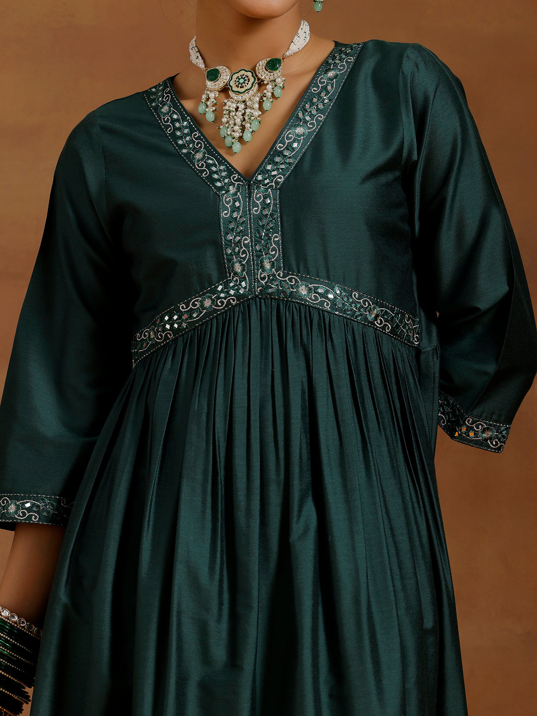 Green Solid Silk Blend A-Line Kurta With Trousers & Dupatta
