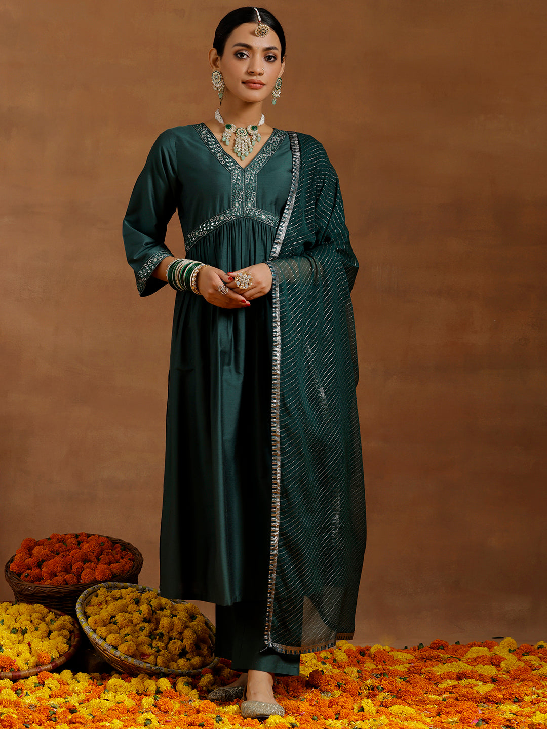 Green Solid Silk Blend A-Line Kurta With Trousers & Dupatta