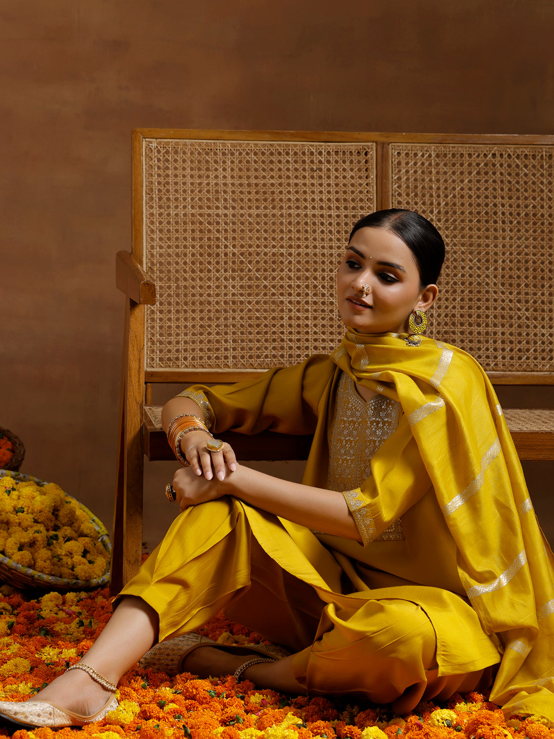 Yellow Yoke Design Silk Blend Straight Suit With Dupatta