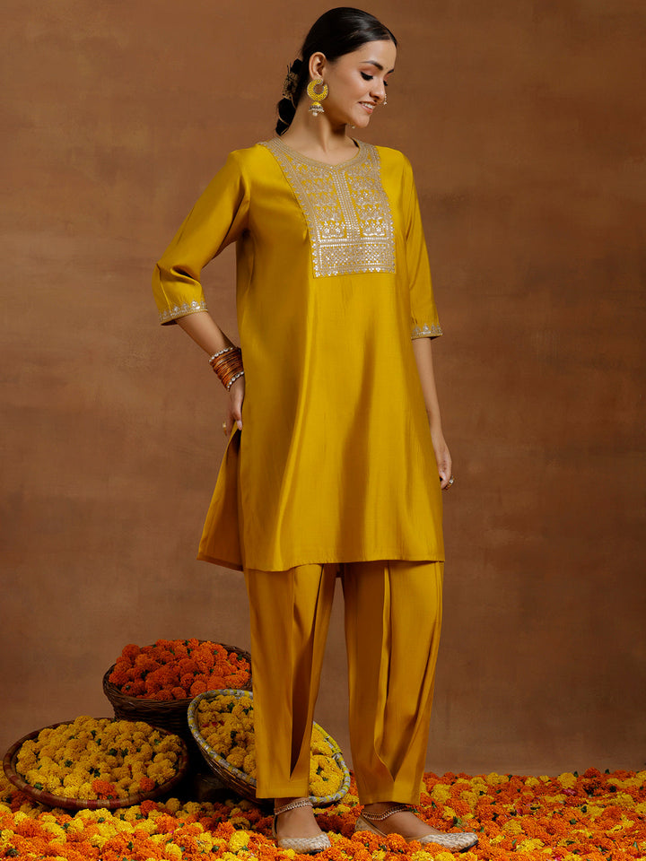 Yellow Yoke Design Silk Blend Straight Suit With Dupatta