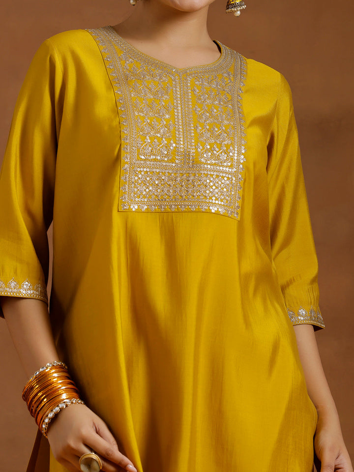 Yellow Yoke Design Silk Blend Straight Suit With Dupatta