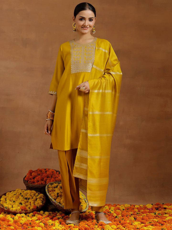 Yellow Yoke Design Silk Blend Straight Suit With Dupatta