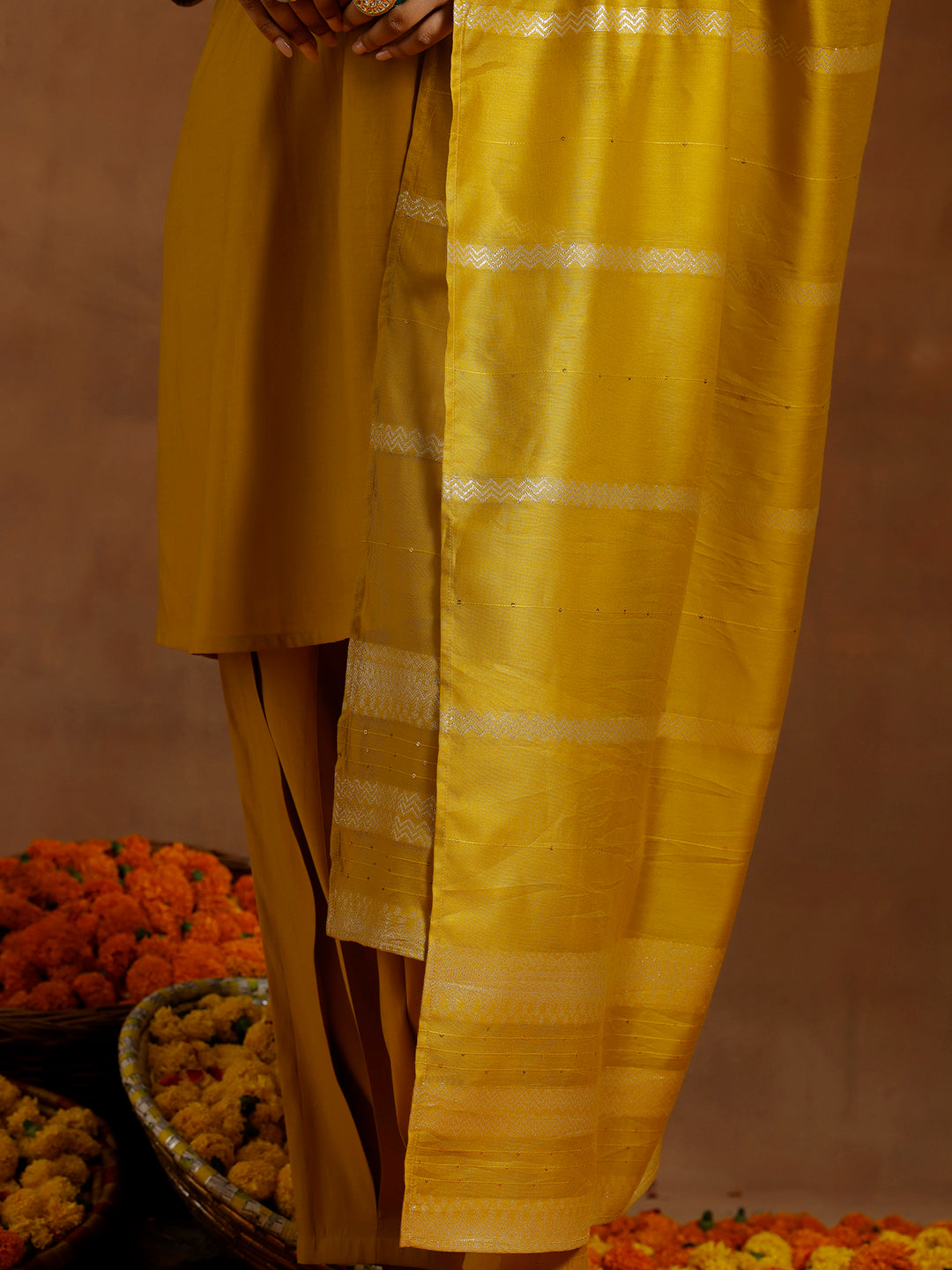 Yellow Yoke Design Silk Blend Straight Suit With Dupatta