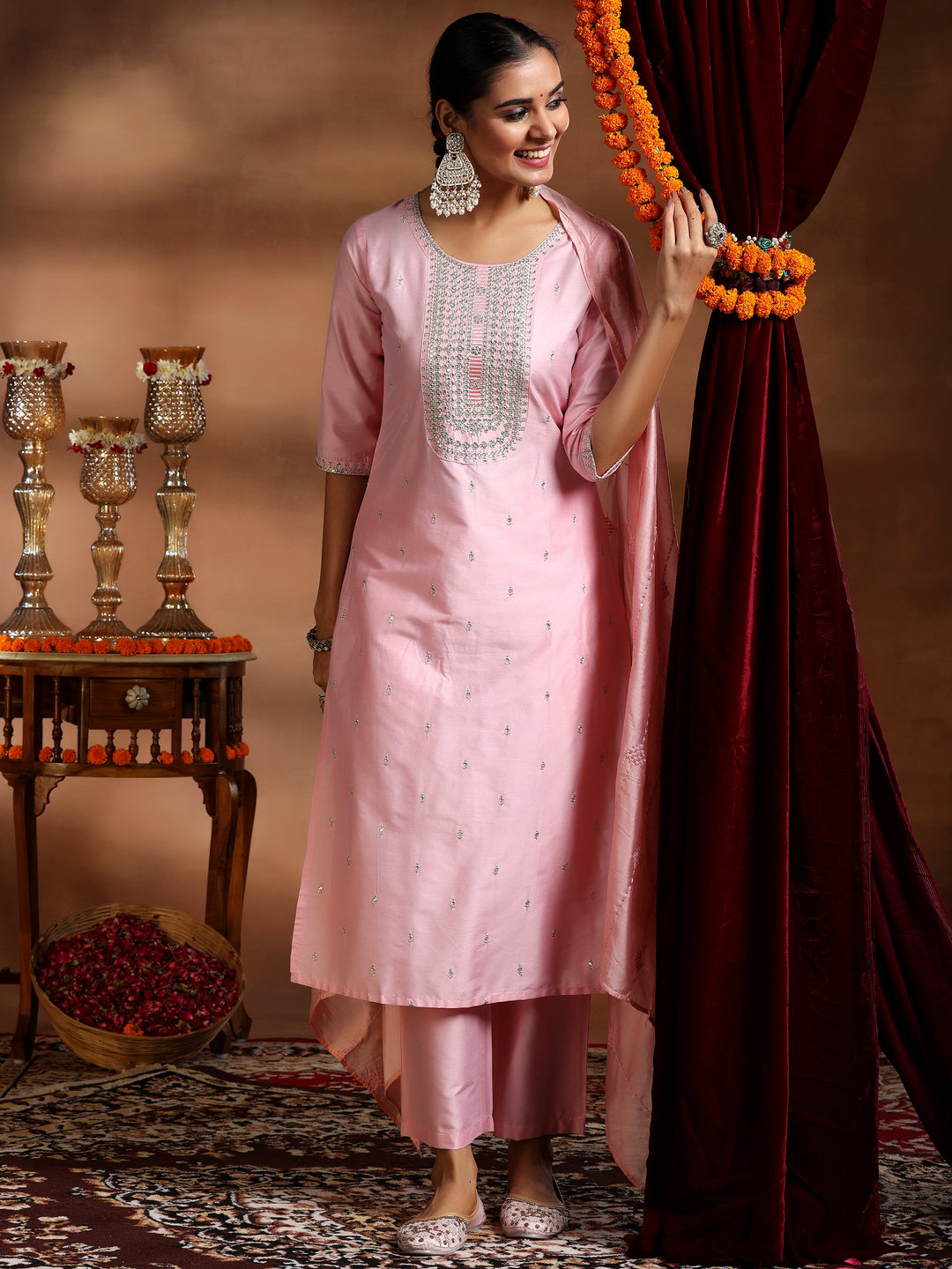 Pink Embroidered Silk Blend Straight Suit With Dupatta