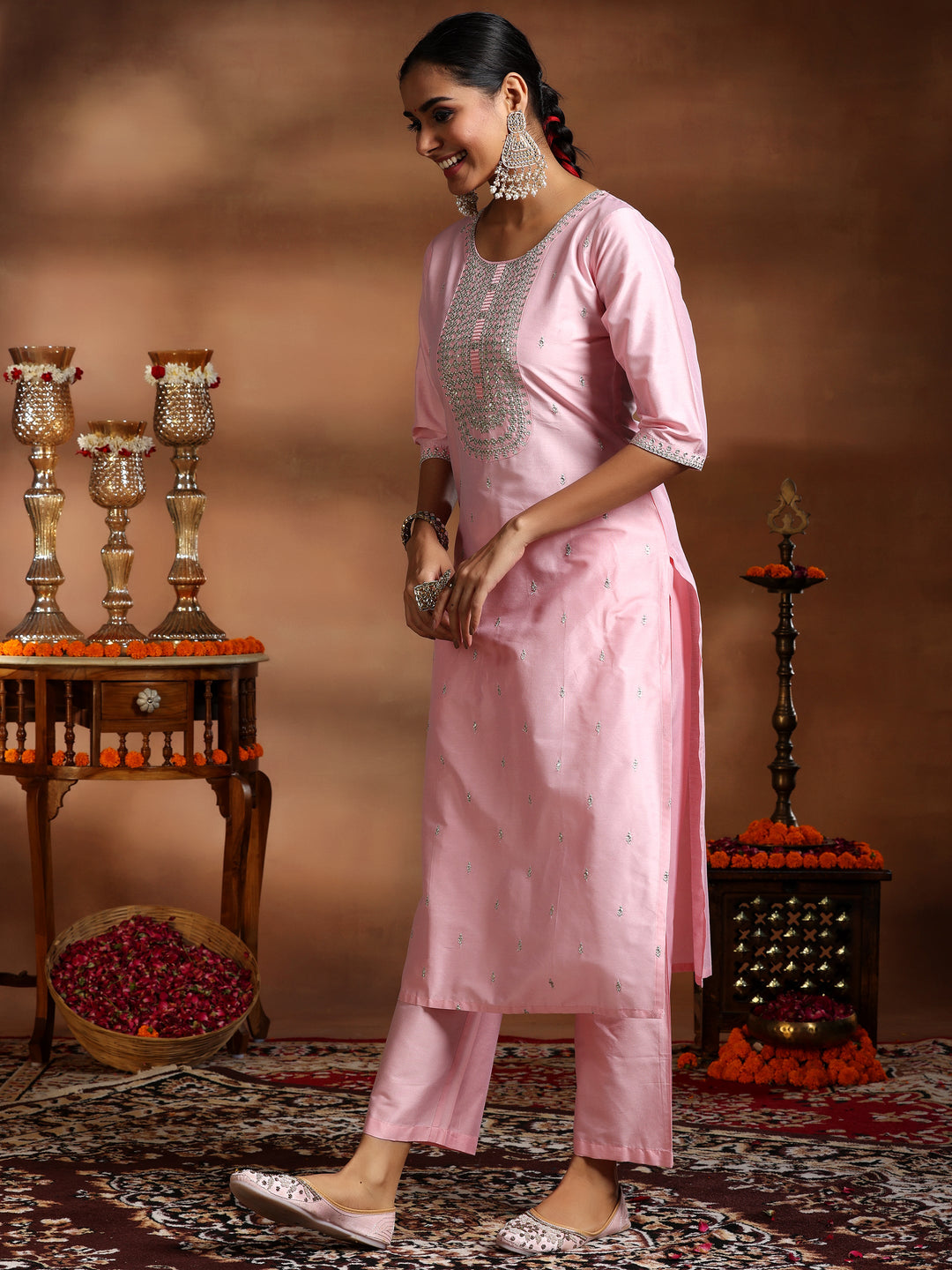 Pink Embroidered Silk Blend Straight Suit With Dupatta