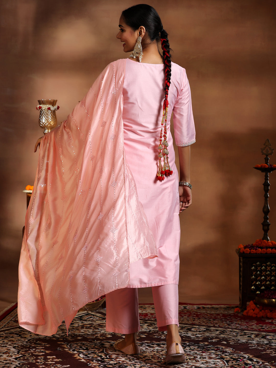 Pink Embroidered Silk Blend Straight Suit With Dupatta