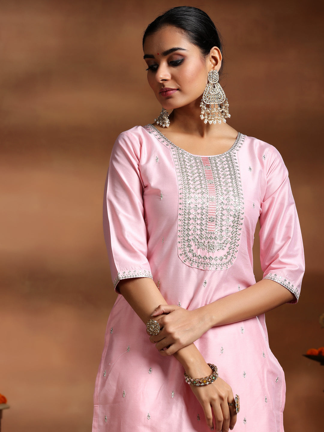 Pink Embroidered Silk Blend Straight Suit With Dupatta