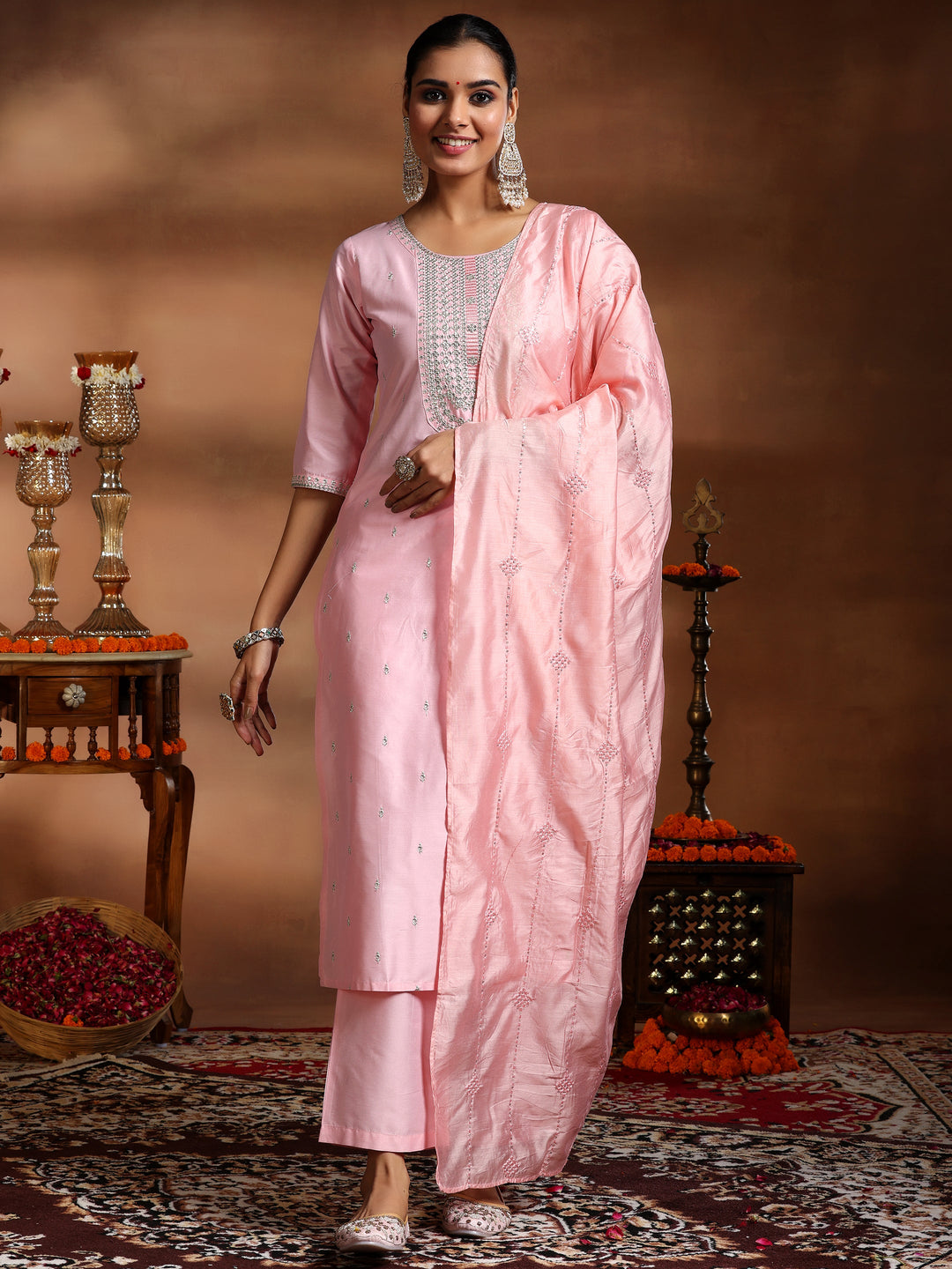 Pink Embroidered Silk Blend Straight Suit With Dupatta