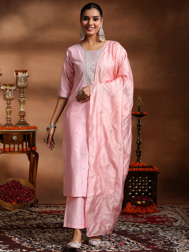 Pink Embroidered Silk Blend Straight Suit With Dupatta