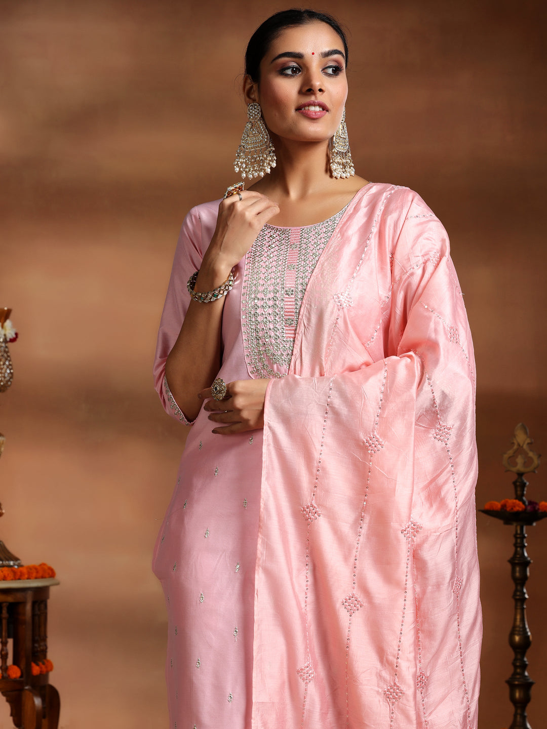 Pink Embroidered Silk Blend Straight Suit With Dupatta