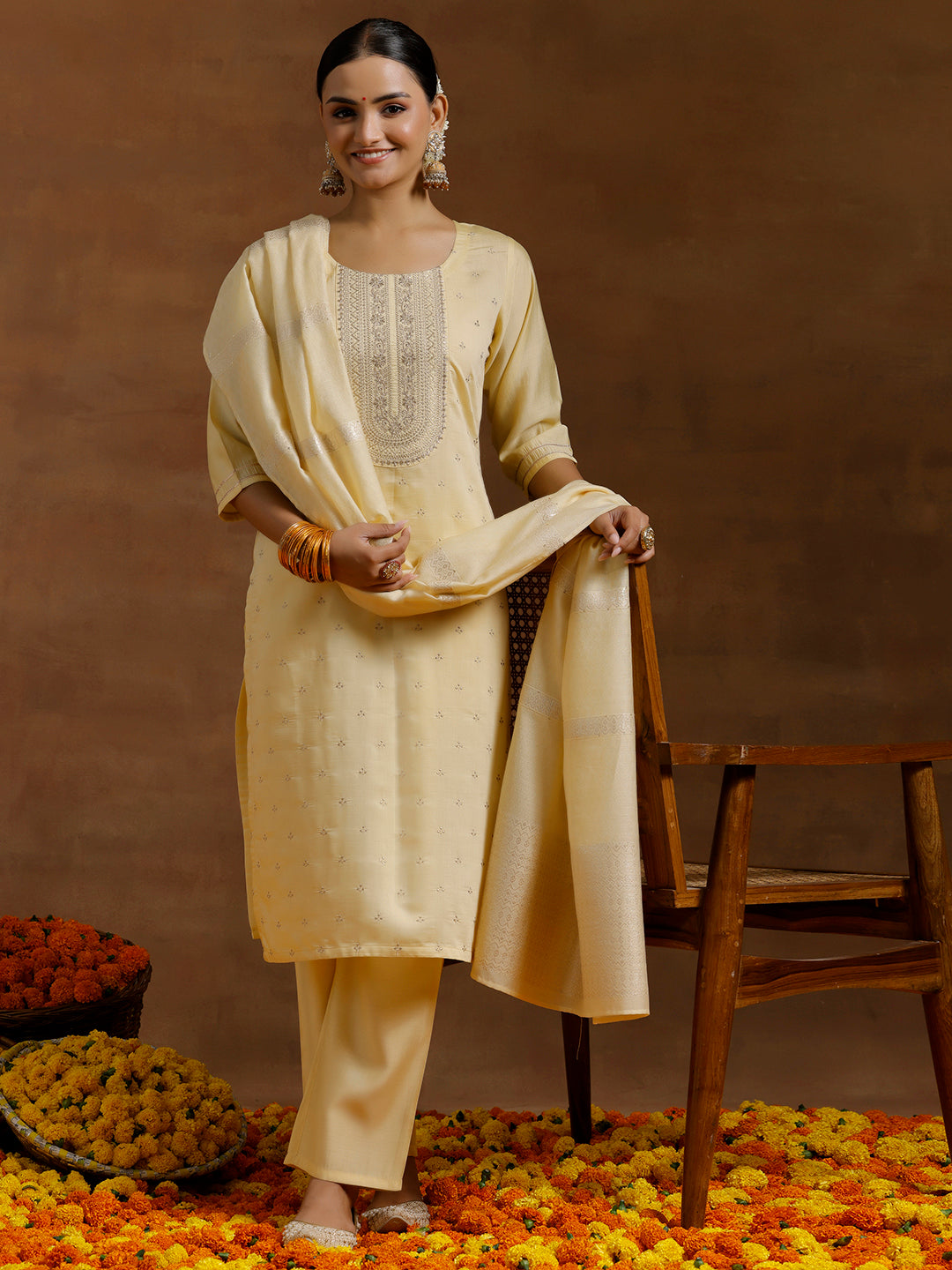 Lime Yellow Embroidered Silk Blend Straight Suit With Dupatta