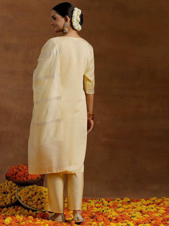 Lime Yellow Embroidered Silk Blend Straight Suit With Dupatta