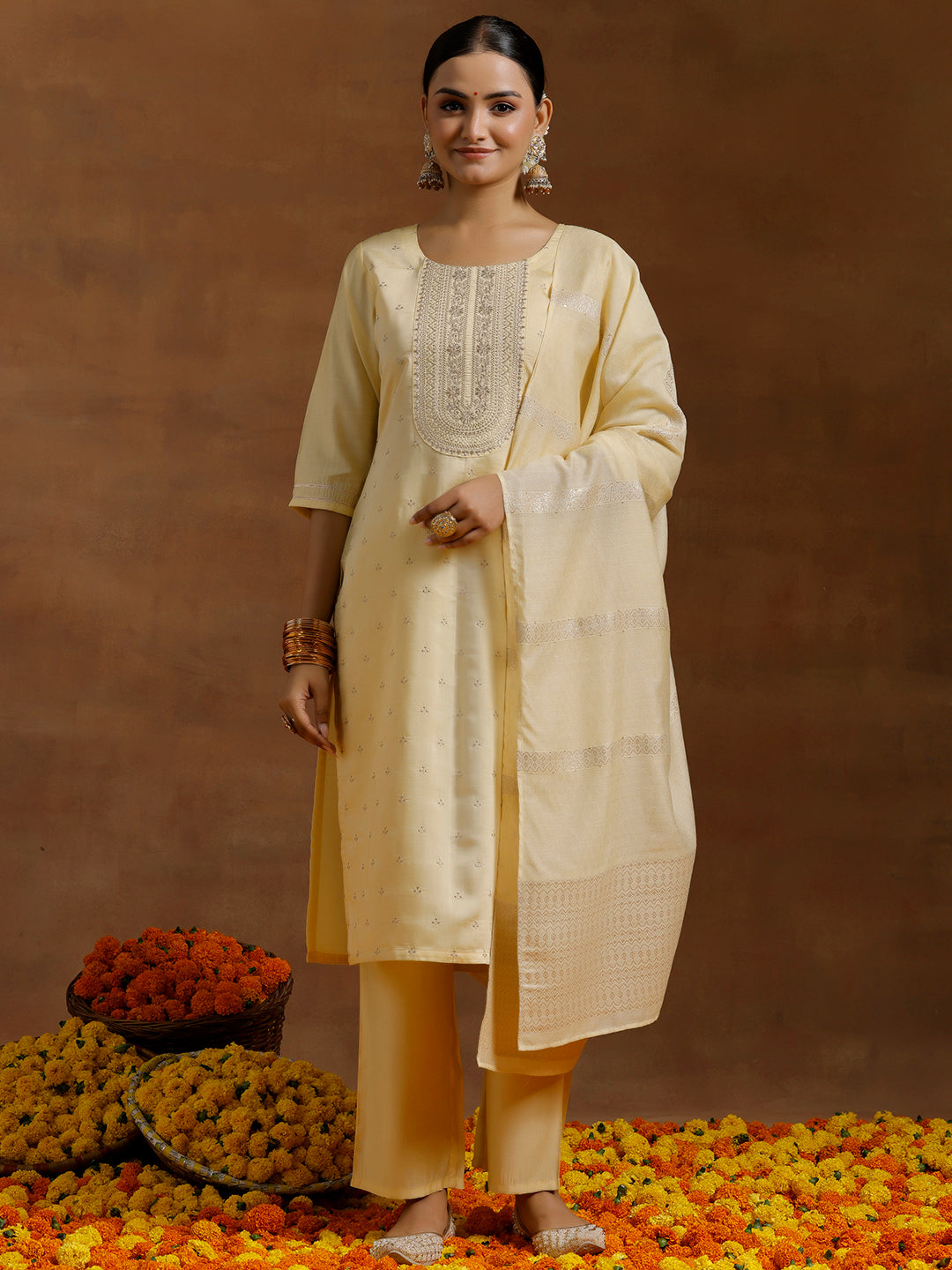 Lime Yellow Embroidered Silk Blend Straight Suit With Dupatta