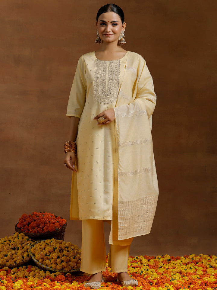 Lime Yellow Embroidered Silk Blend Straight Suit With Dupatta