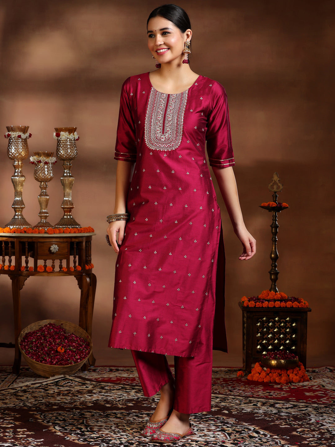 Pink Embroidered Silk Blend Straight Suit With Dupatta