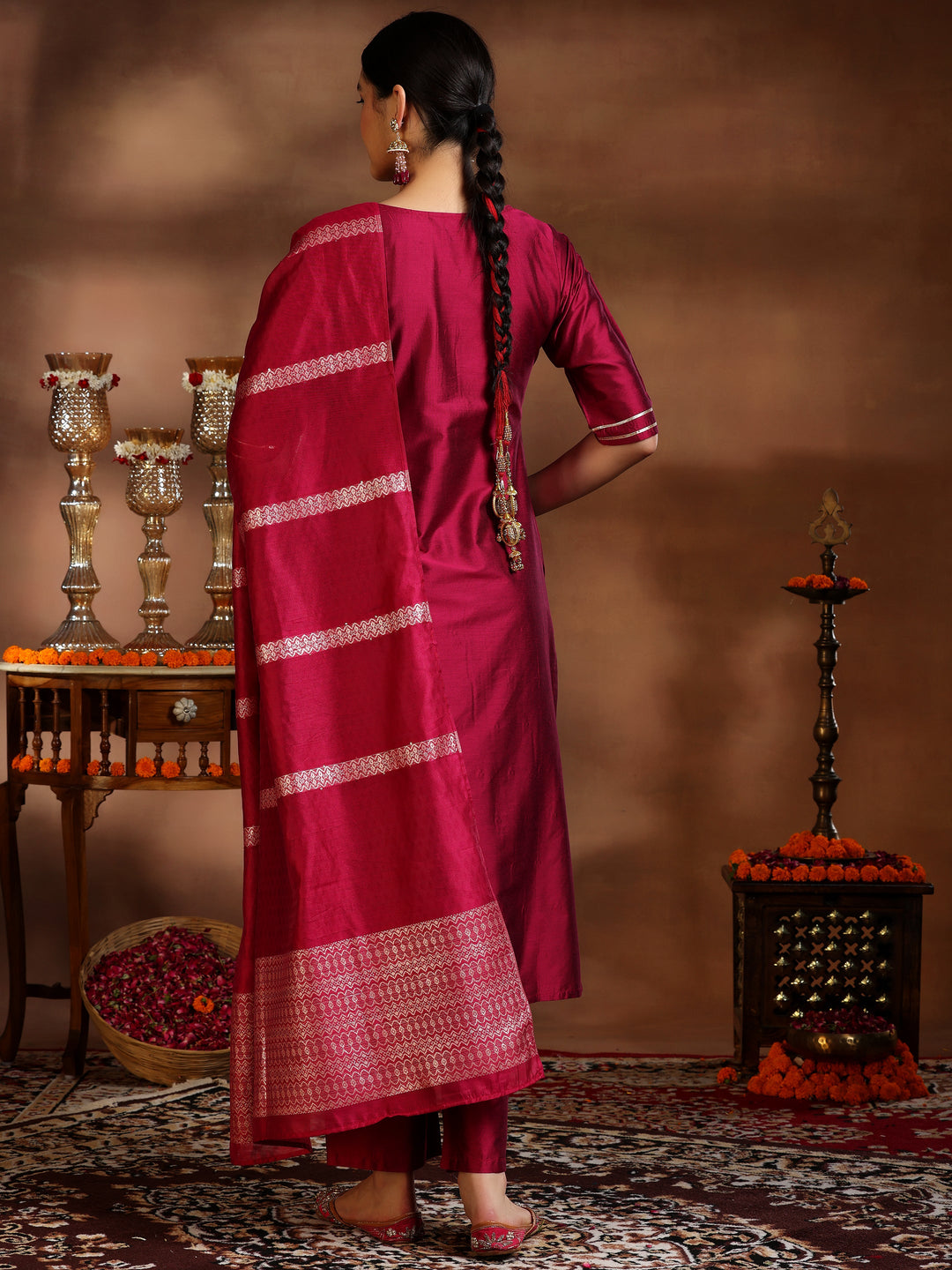 Pink Embroidered Silk Blend Straight Suit With Dupatta