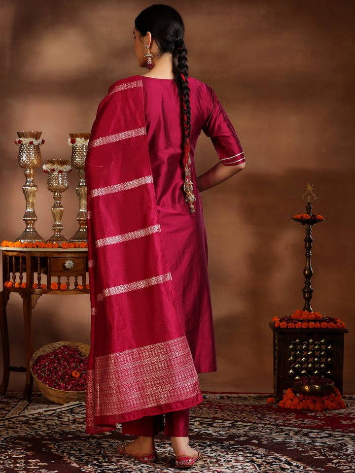 Pink Embroidered Silk Blend Straight Suit With Dupatta
