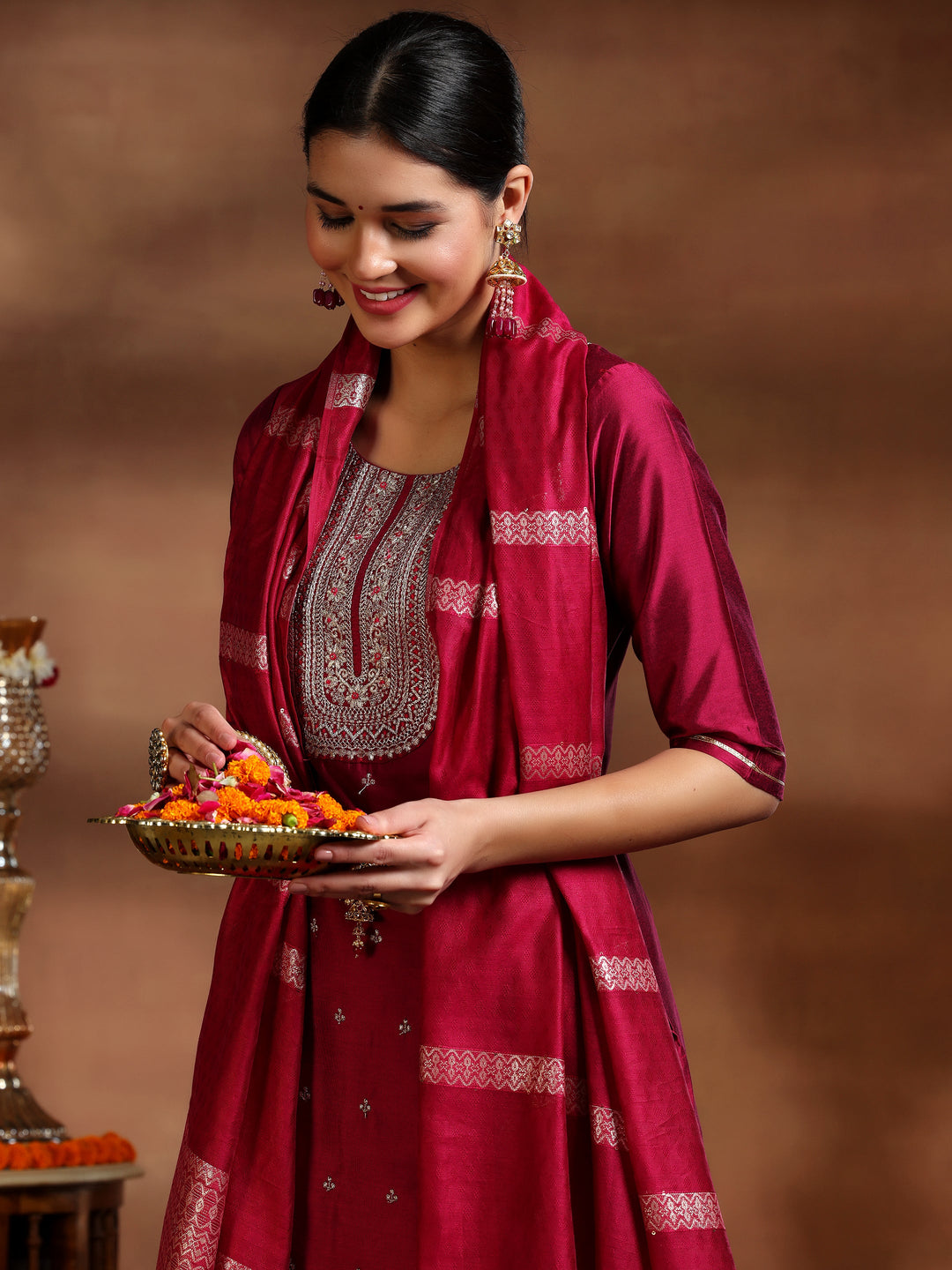 Pink Embroidered Silk Blend Straight Suit With Dupatta