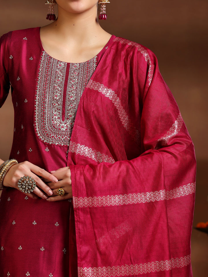 Pink Embroidered Silk Blend Straight Suit With Dupatta