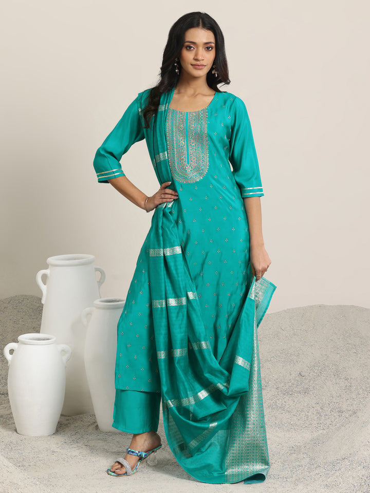 Teal Embroidered Silk Blend Straight Suit With Dupatta