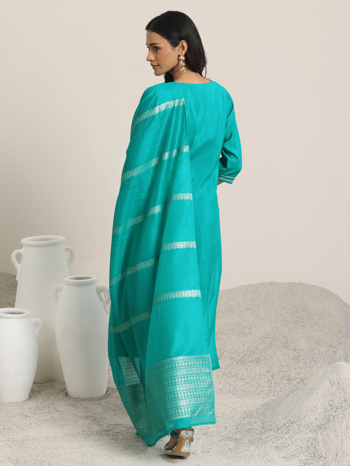 Teal Embroidered Silk Blend Straight Suit With Dupatta