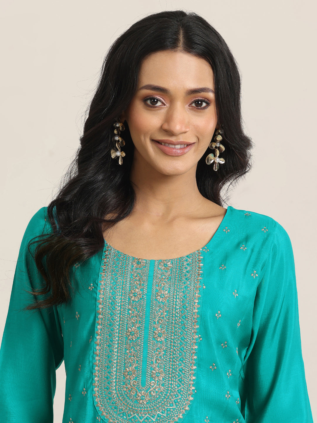 Teal Embroidered Silk Blend Straight Suit With Dupatta
