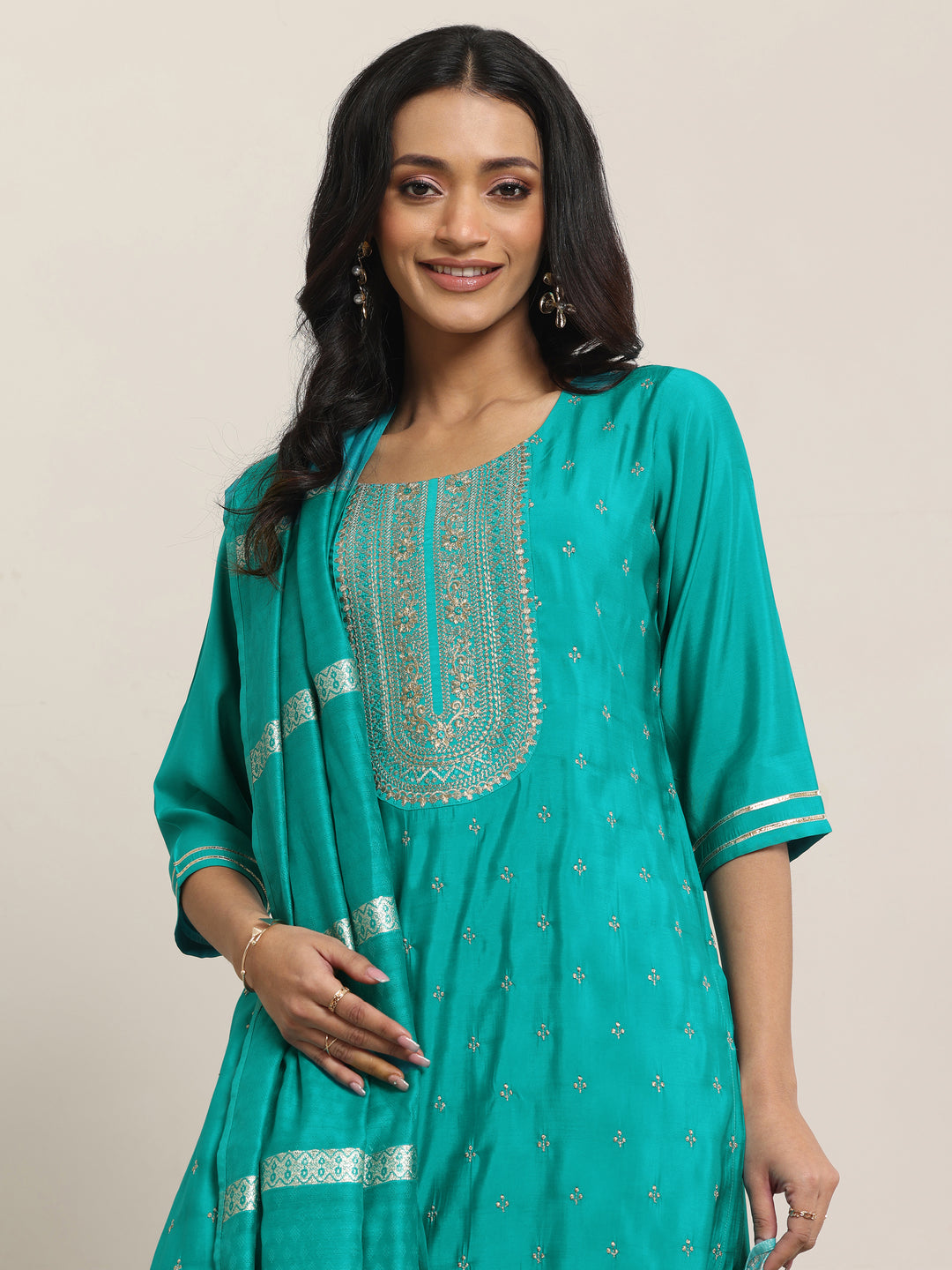 Teal Embroidered Silk Blend Straight Suit With Dupatta