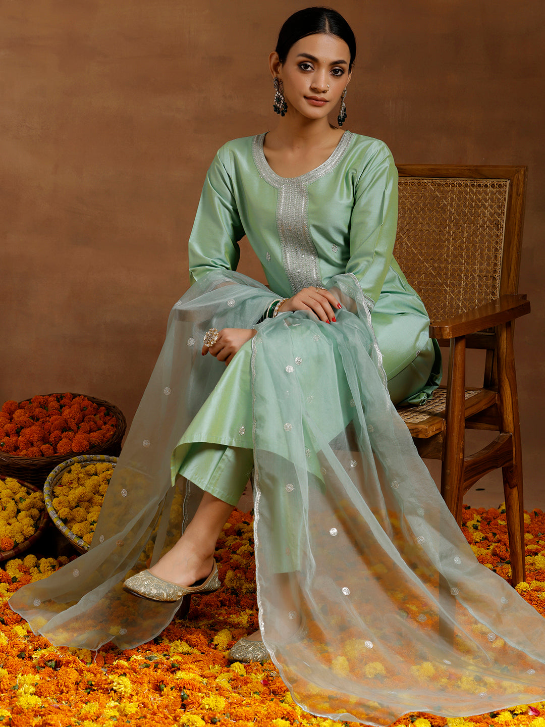 Light Green Embroidered Silk Blend Straight Suit With Dupatta