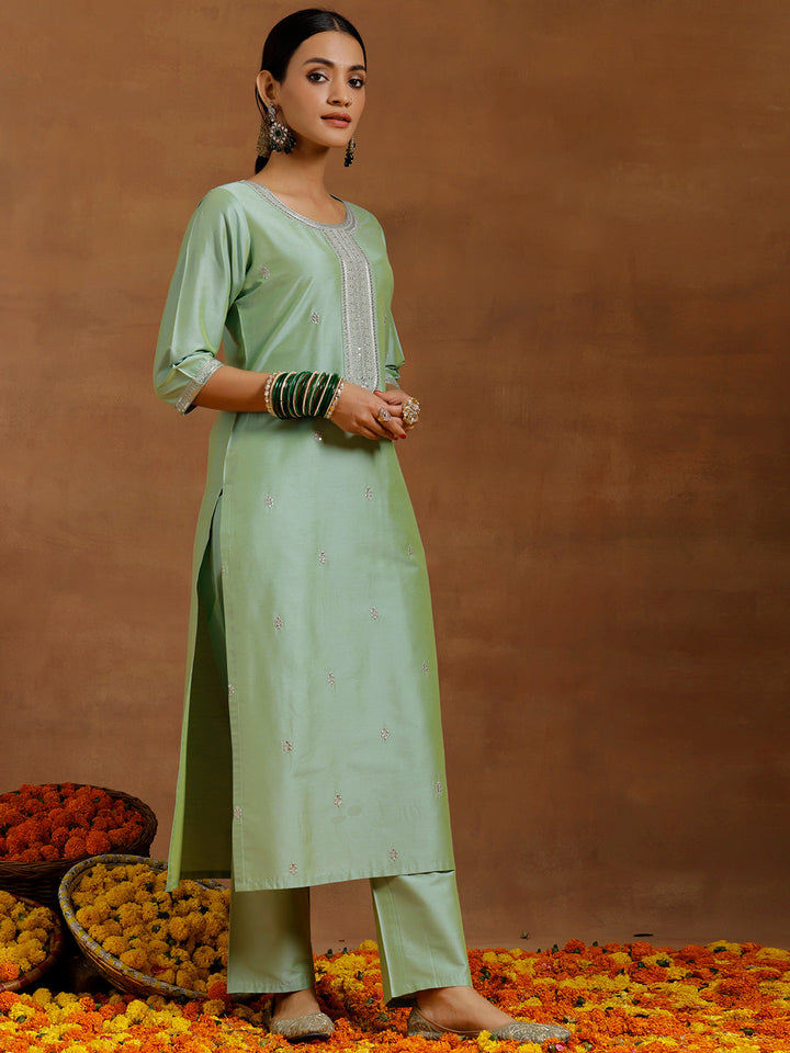 Light Green Embroidered Silk Blend Straight Suit With Dupatta