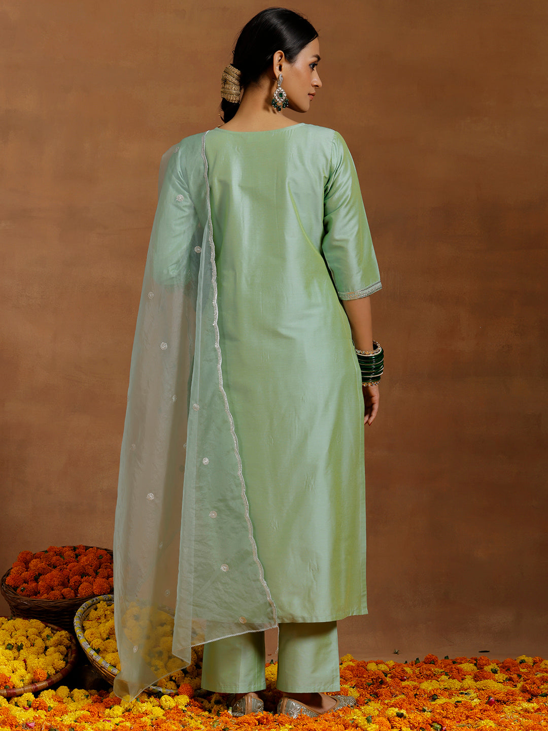 Light Green Embroidered Silk Blend Straight Suit With Dupatta
