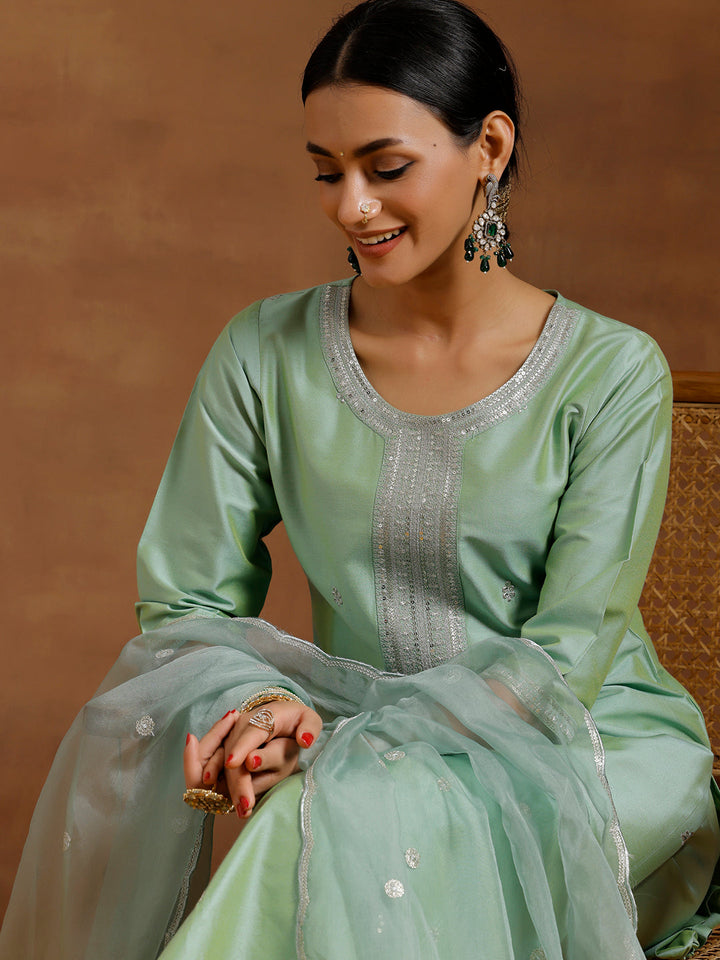 Light Green Embroidered Silk Blend Straight Suit With Dupatta