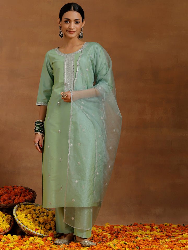 Light Green Embroidered Silk Blend Straight Suit With Dupatta