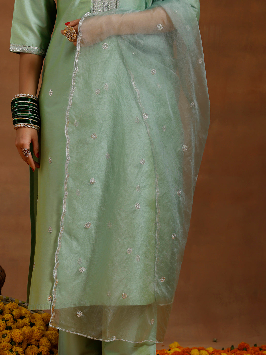 Light Green Embroidered Silk Blend Straight Suit With Dupatta