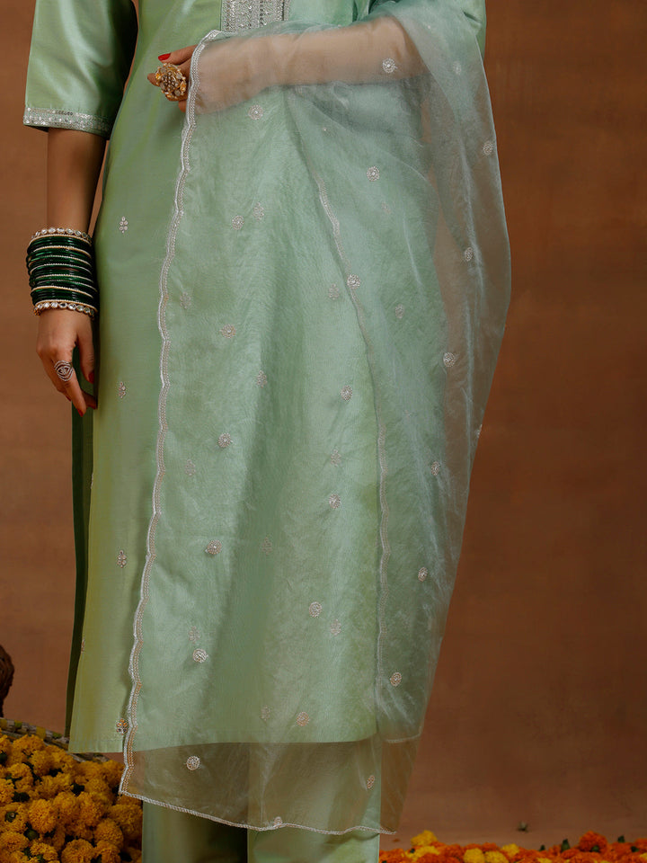 Light Green Embroidered Silk Blend Straight Suit With Dupatta