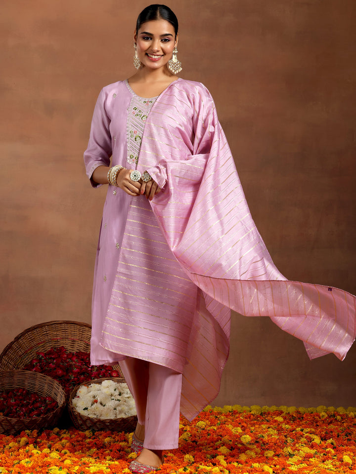 Lilac Embroidered Silk Blend Straight Suit With Dupatta