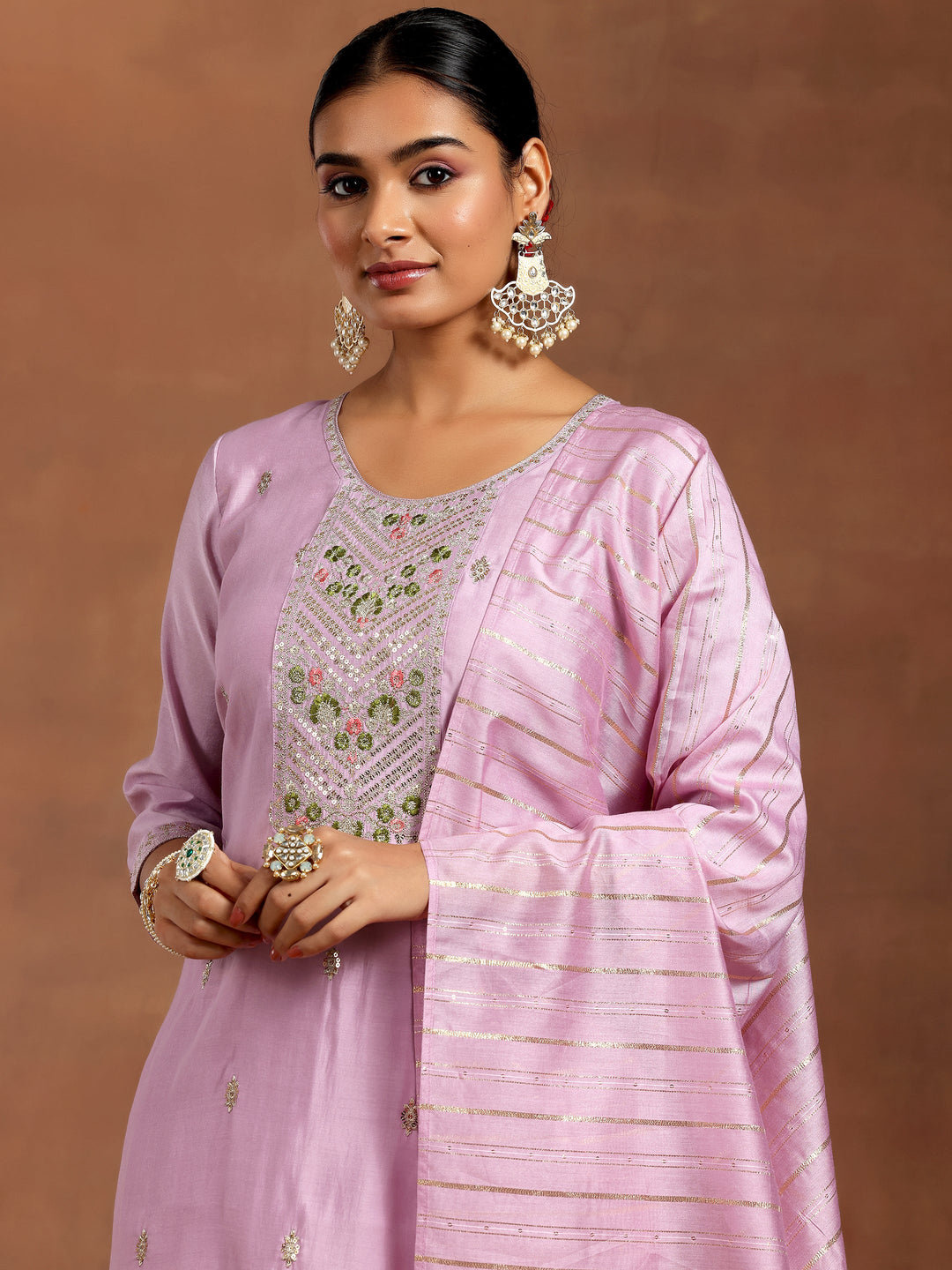 Lilac Embroidered Silk Blend Straight Suit With Dupatta