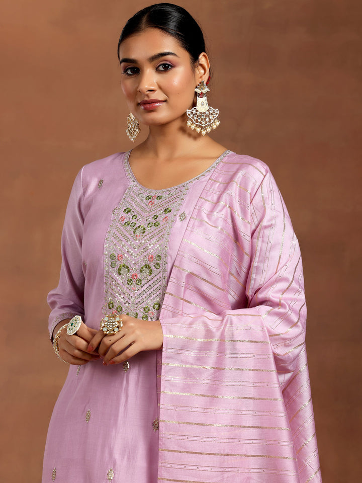 Lilac Embroidered Silk Blend Straight Suit With Dupatta