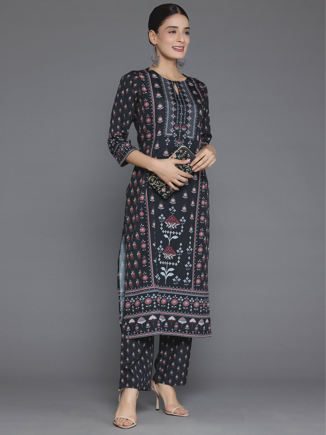 Black Printed Poly Crepe Straight Kurta Set