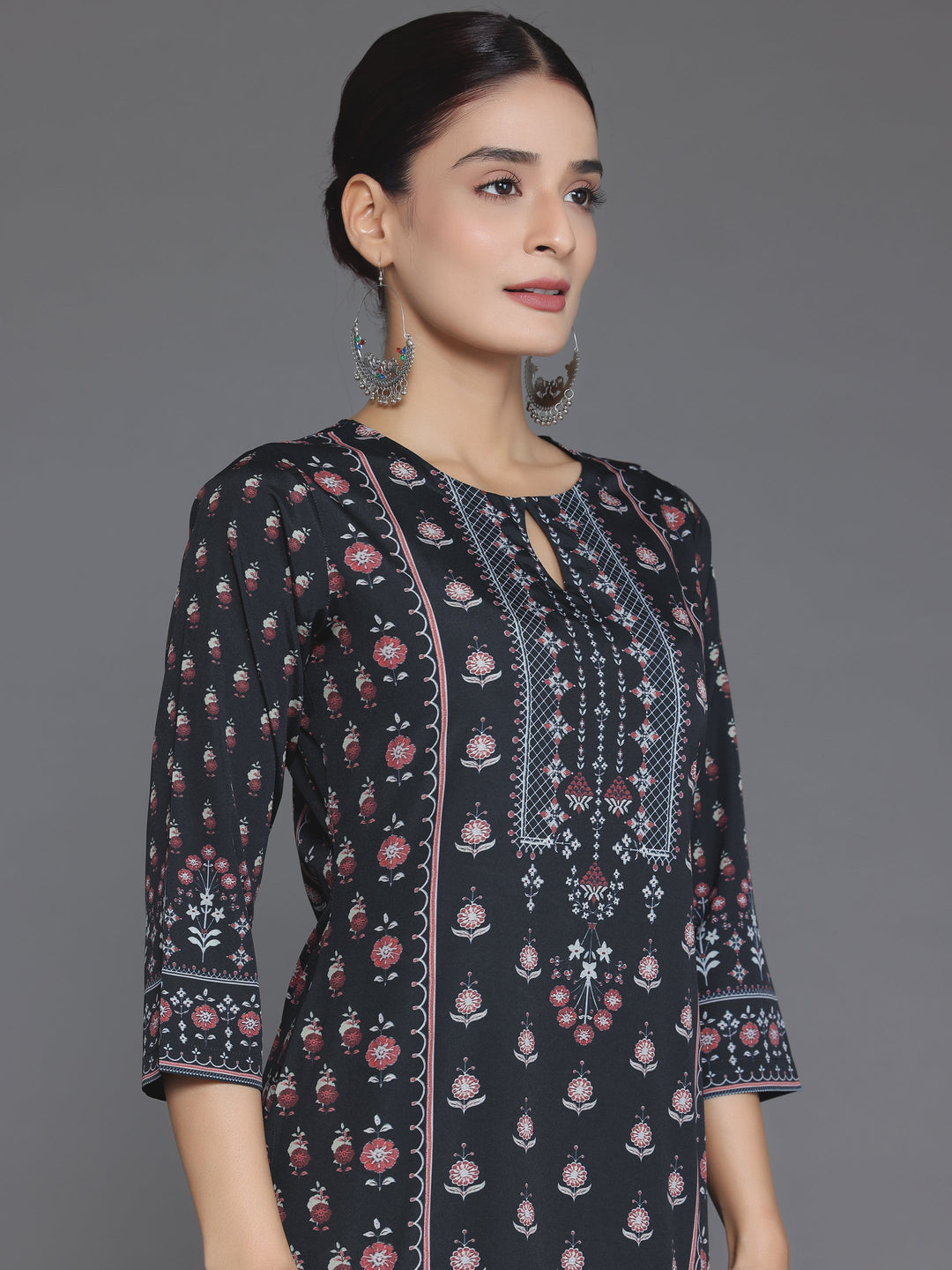 Black Printed Poly Crepe Straight Kurta Set