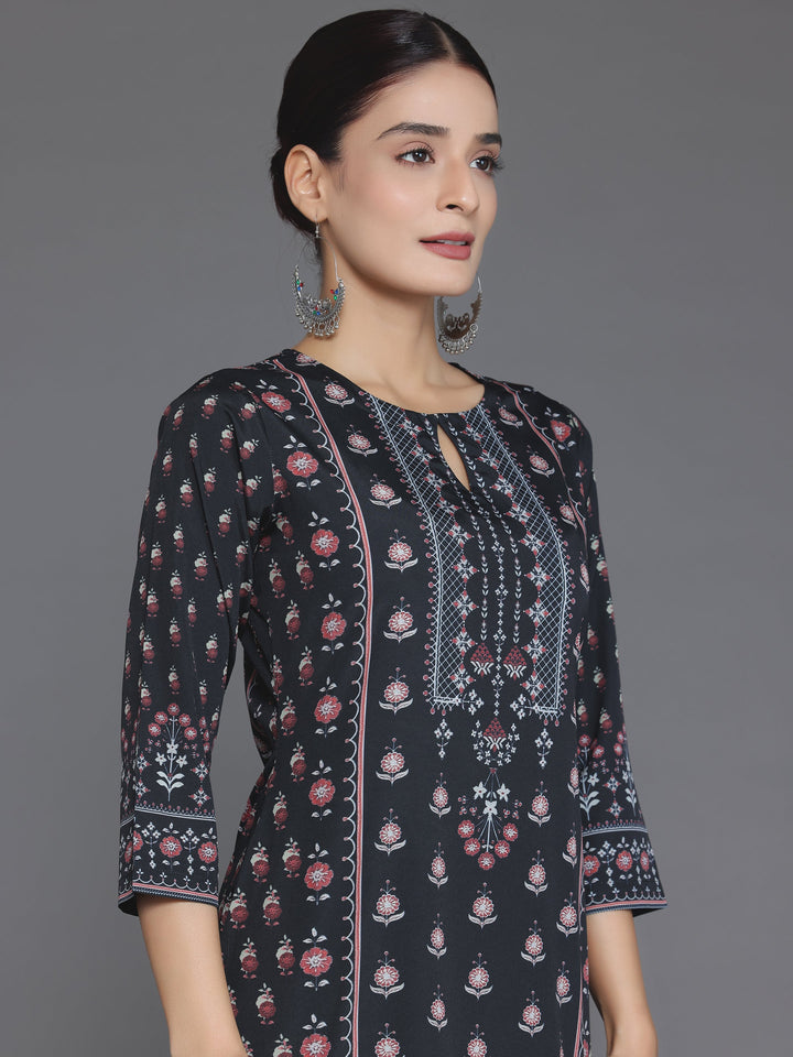 Black Printed Poly Crepe Straight Kurta Set