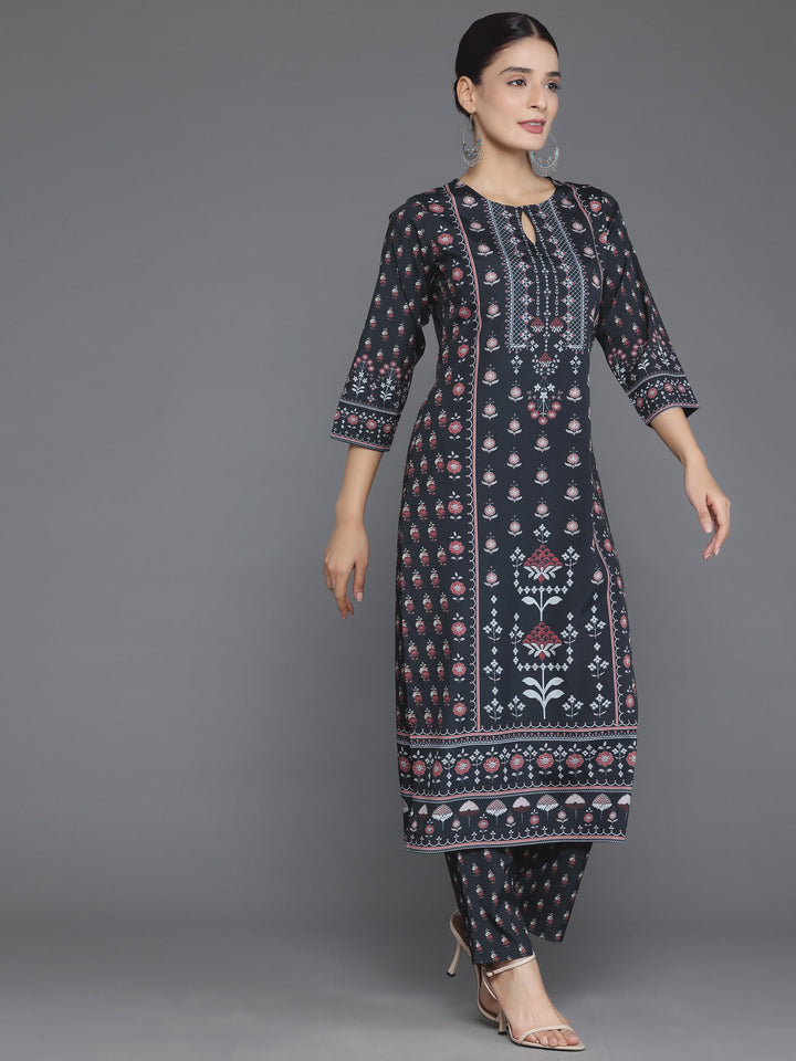 Black Printed Poly Crepe Straight Kurta Set