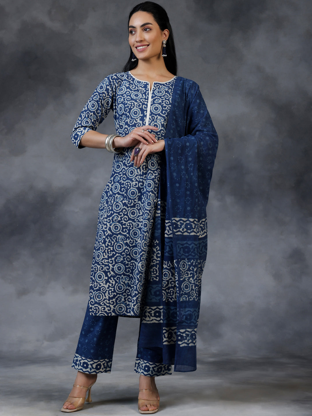 Blue Printed Cotton Straight Suit With Dupatta
