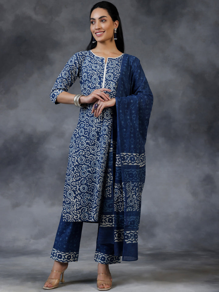 Blue Printed Cotton Straight Suit With Dupatta