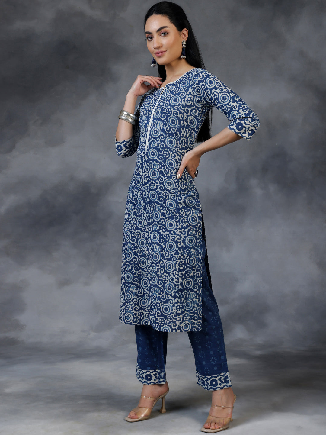 Blue Printed Cotton Straight Suit With Dupatta