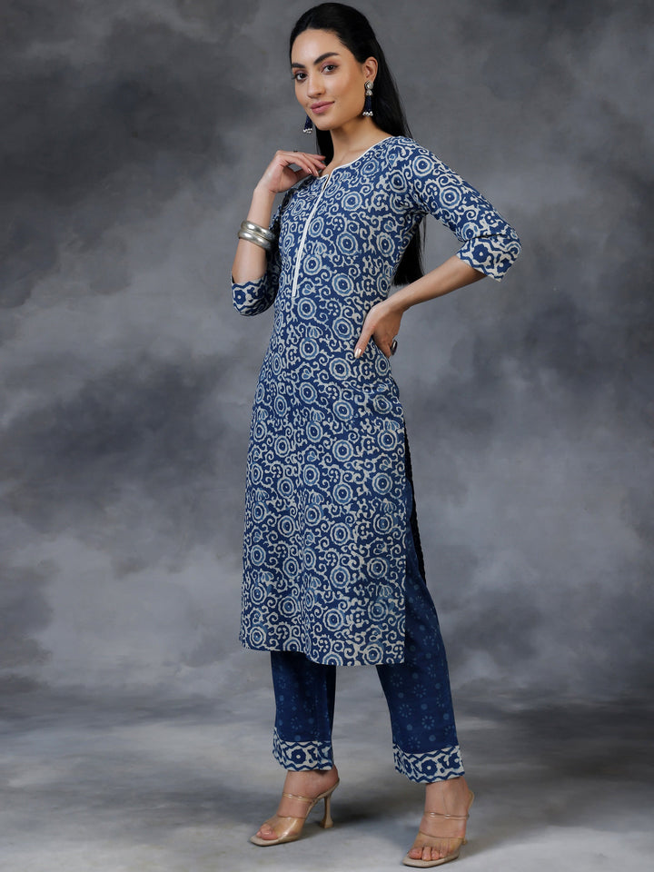 Blue Printed Cotton Straight Suit With Dupatta