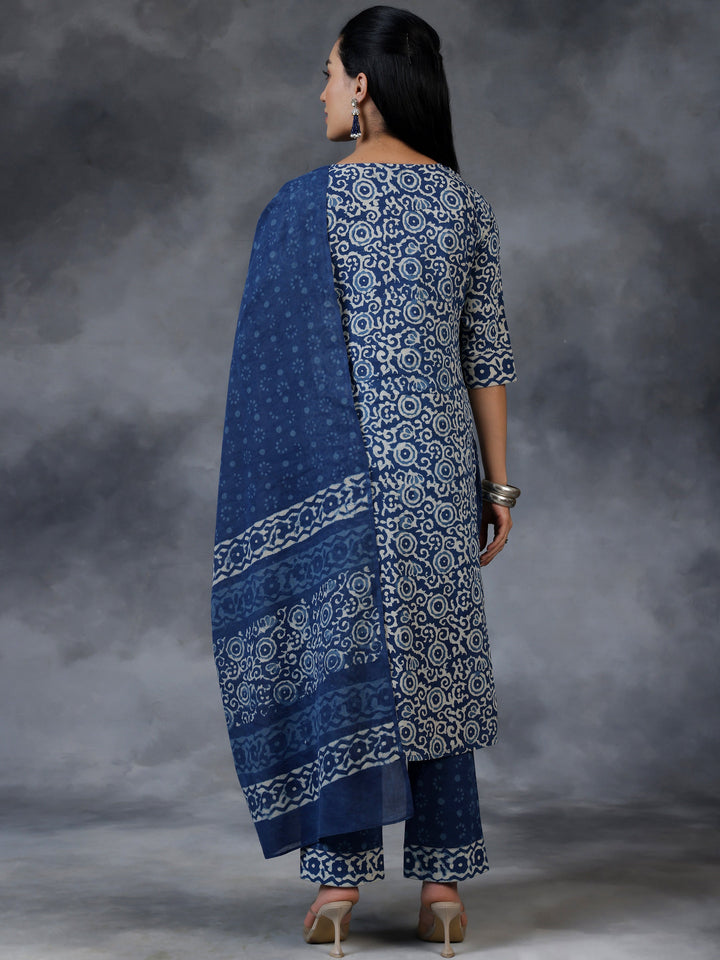 Blue Printed Cotton Straight Suit With Dupatta