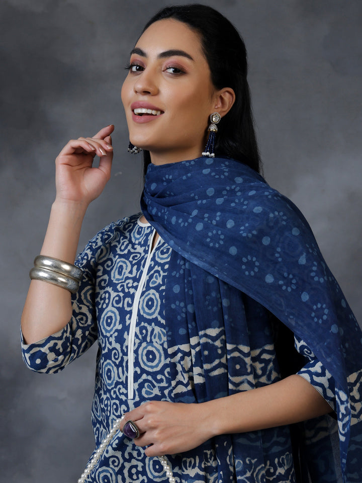 Blue Printed Cotton Straight Suit With Dupatta