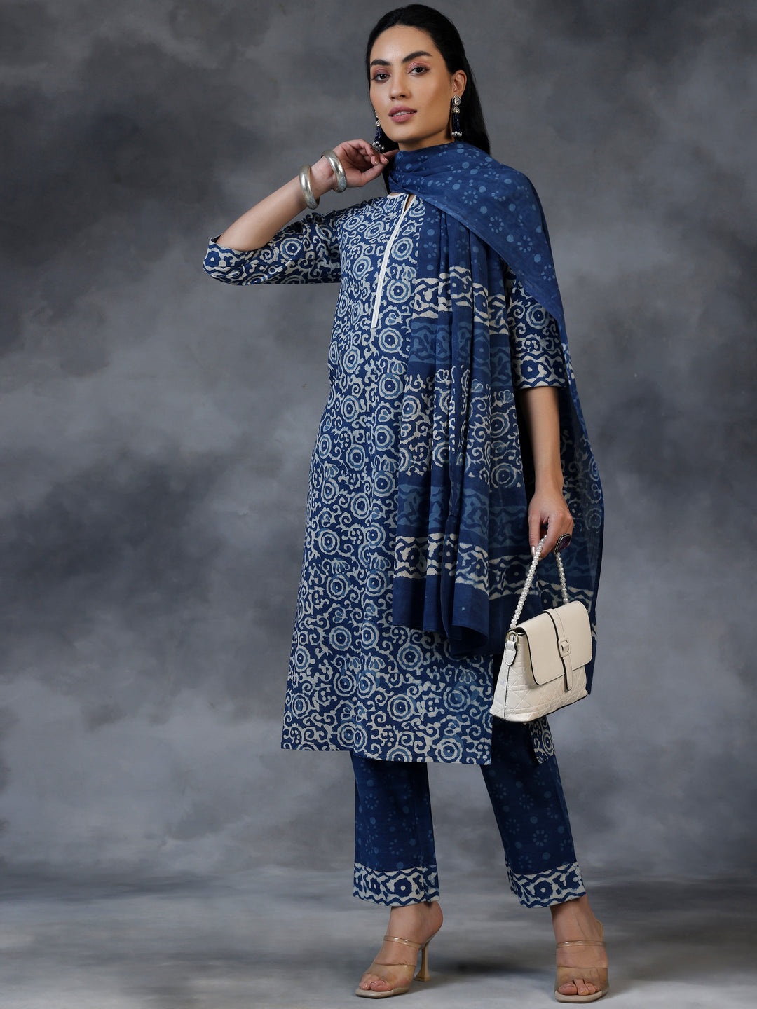 Blue Printed Cotton Straight Suit With Dupatta